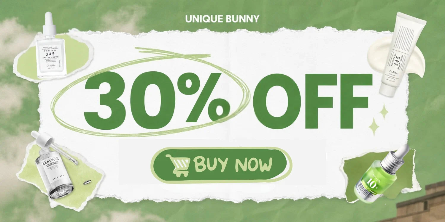 30% Off banner on green background with Buy Now button – Dr.Althea, SKIN1004 Centella and Anua products