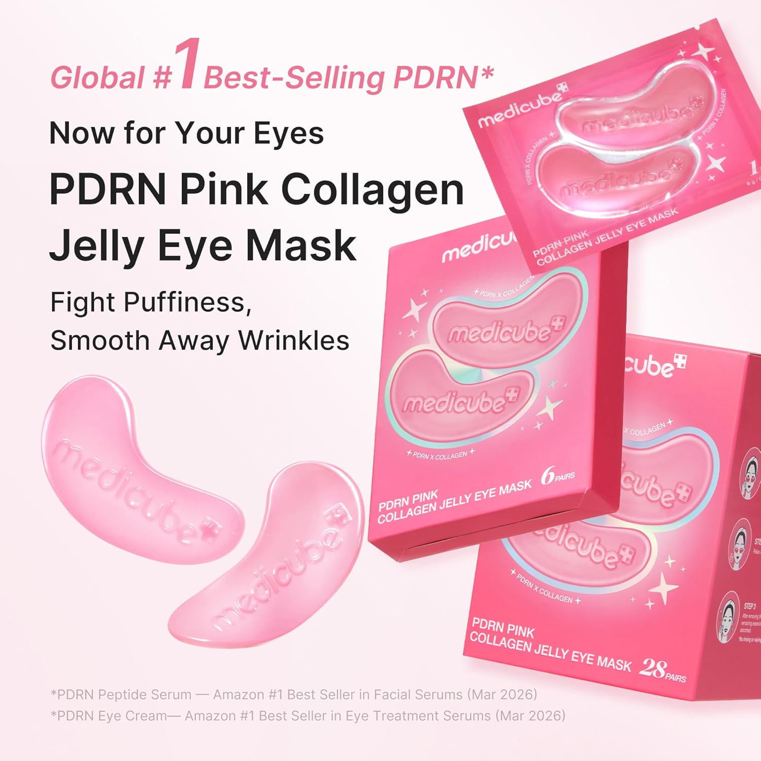 Pink jelly hydrogel eye patches infused with PDRN Collagen and NAD+ for radiant glow
