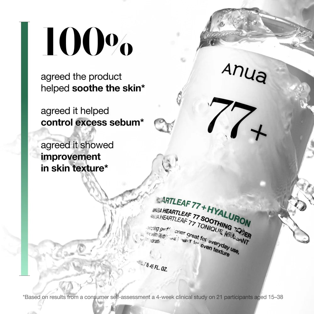Travel-size Anua Heartleaf 77% Soothing Toner formulated with 77% heartleaf extract.
