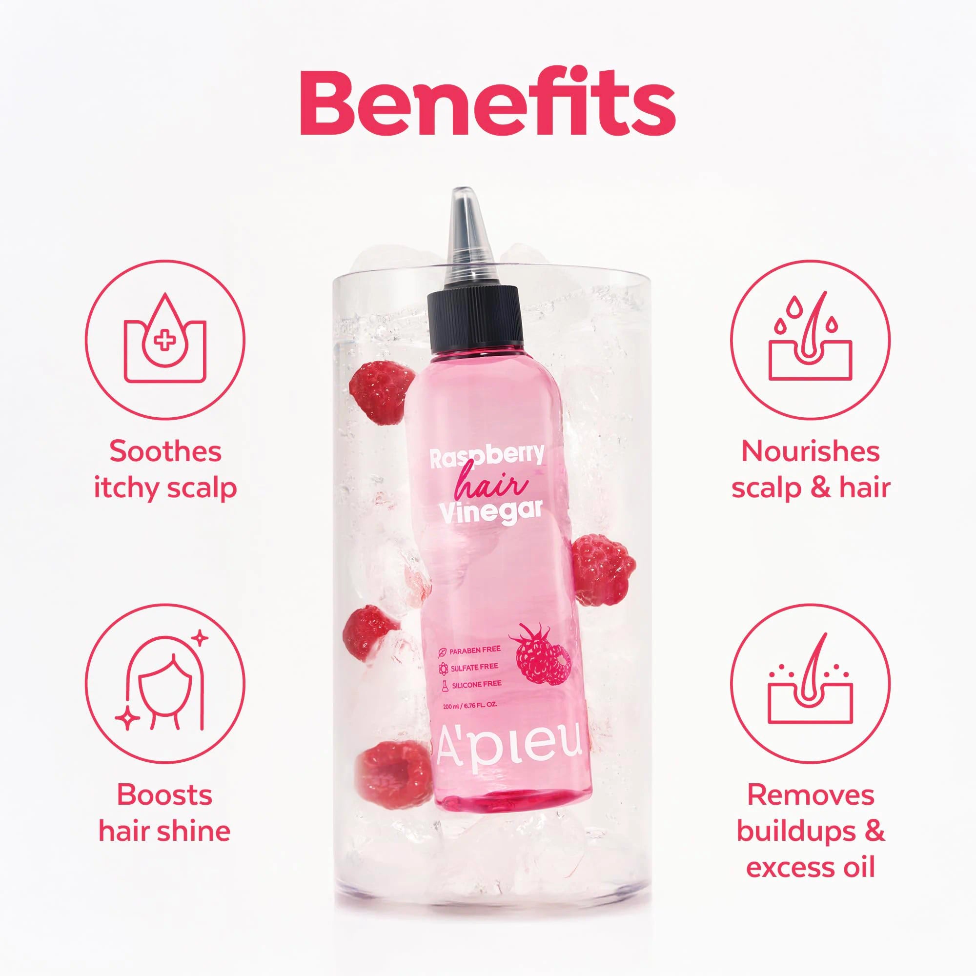 Pink bottle of raspberry hair vinegar with benefits listed on a white background