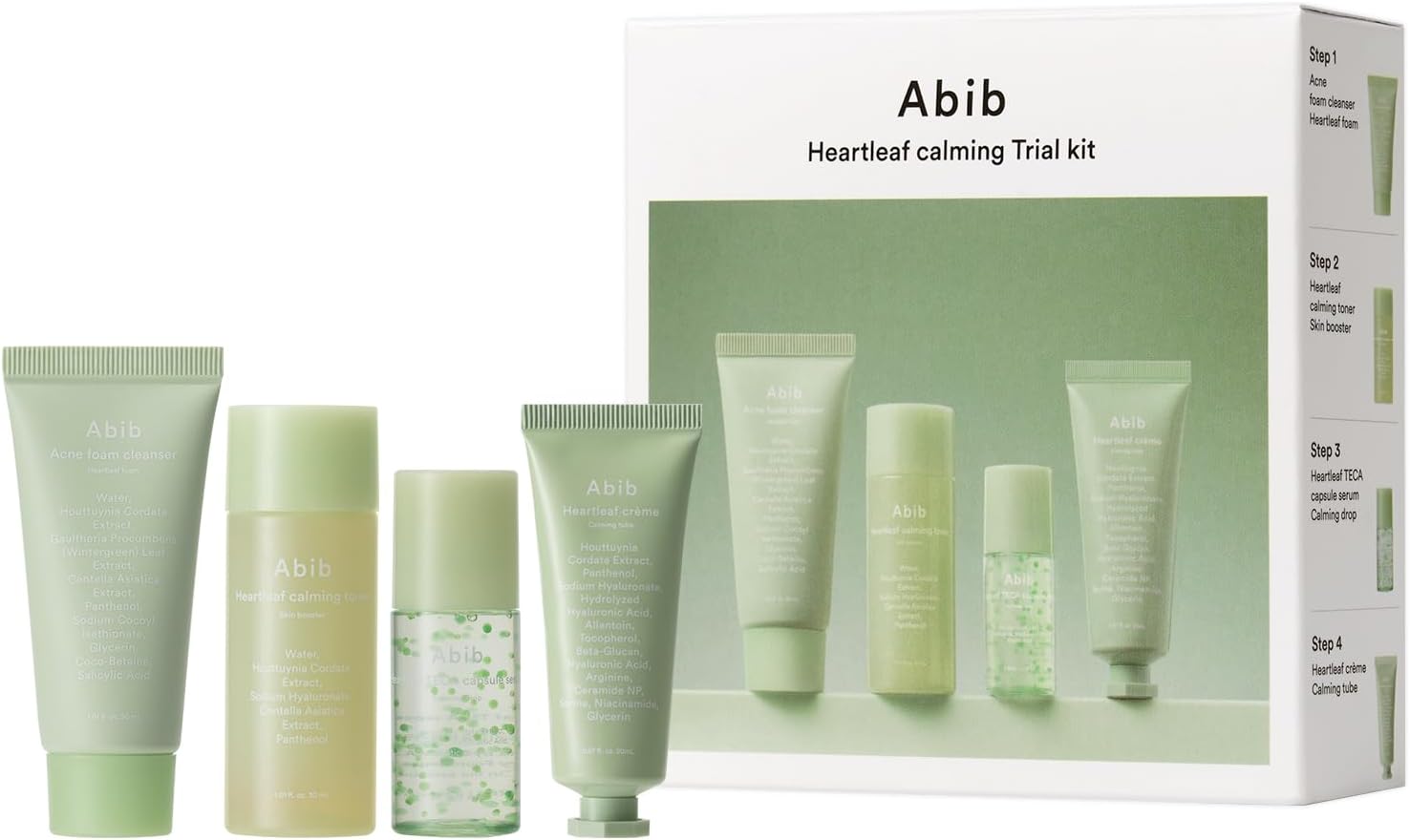 Abib Heartleaf calming trial kit with multiple skincare products and packaging on a white background