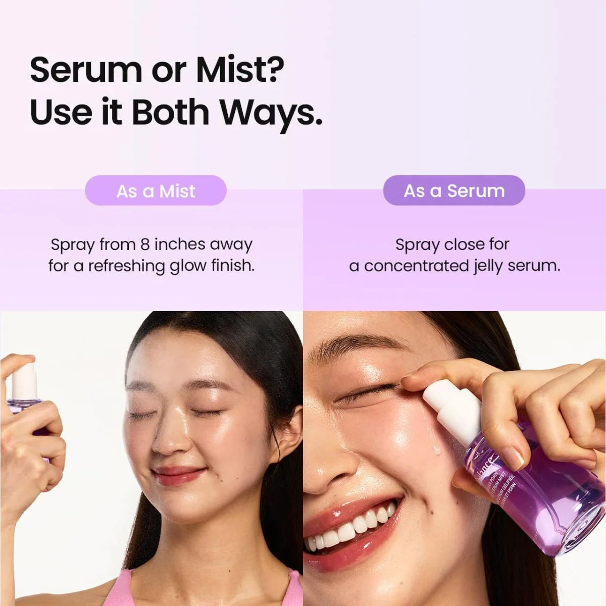 Dual-purpose mist and serum use over makeup or between skincare steps for hydration