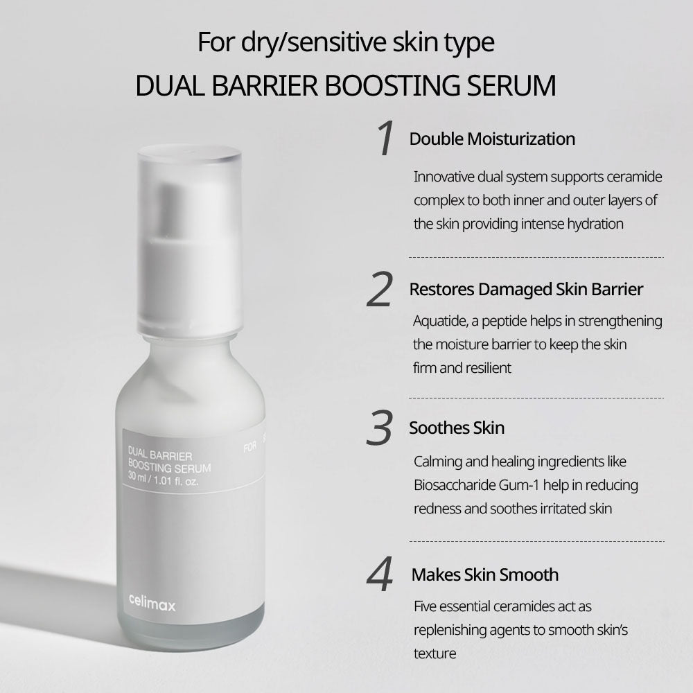 Close-up of Celimax Dual Barrier Boosting Serum packaging showcasing its nourishing formula for healthy-looking skin.