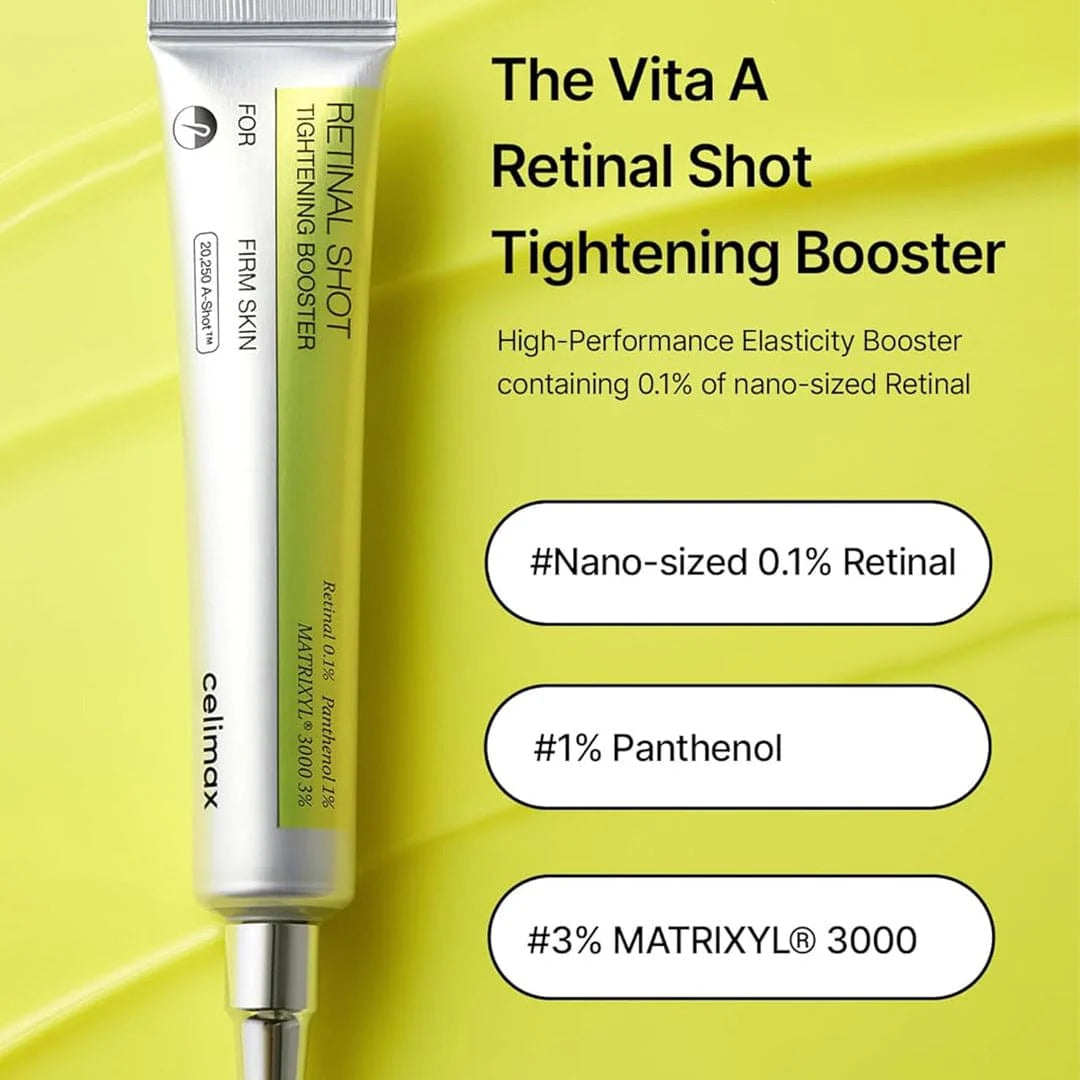 Premium Korean skincare treatment, Celimax THE VITA-A Retinal Shot Tightening Booster, designed to improve skin texture and resilience.