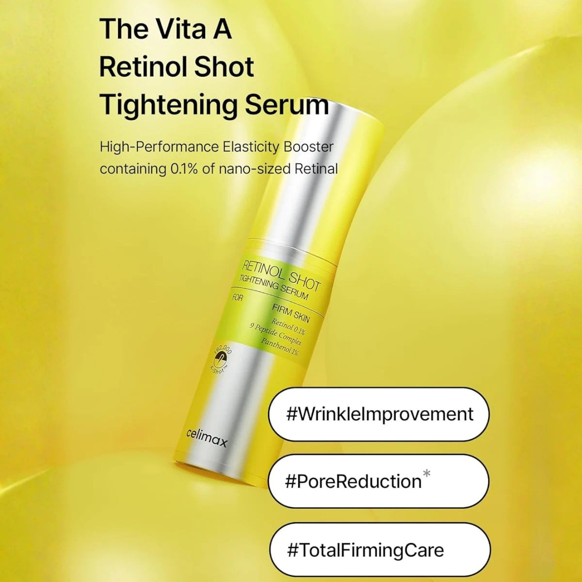 Celimax THE VITA-A Retinol Shot Tightening Serum product shot showcasing an advanced retinol formula for visibly refined and resilient skin.