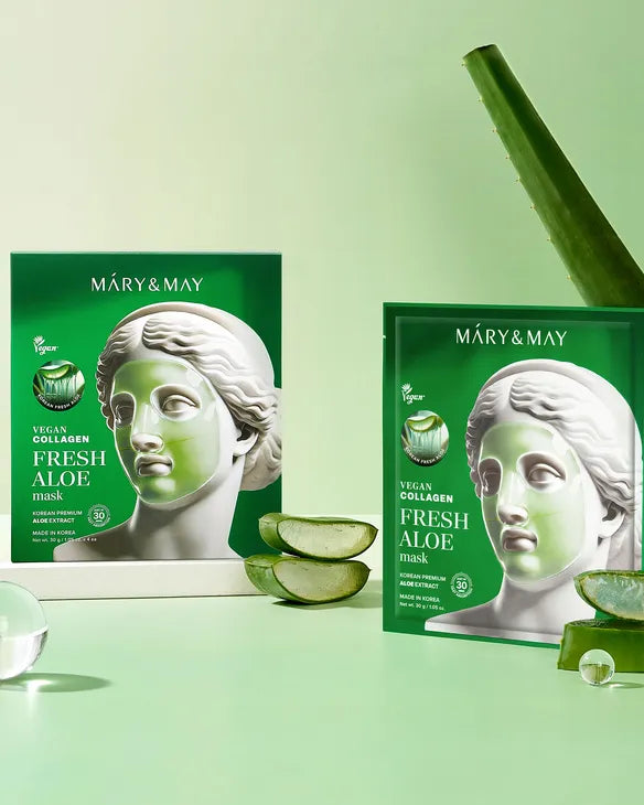 Mary&May Vegan Collagen Fresh Aloe Mask — aloe soothes and hydrates skin