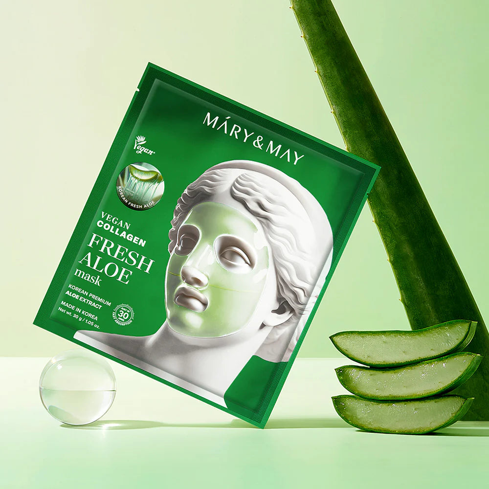 Mary&May Vegan Collagen Fresh Aloe Mask — aloe soothes and hydrates skin