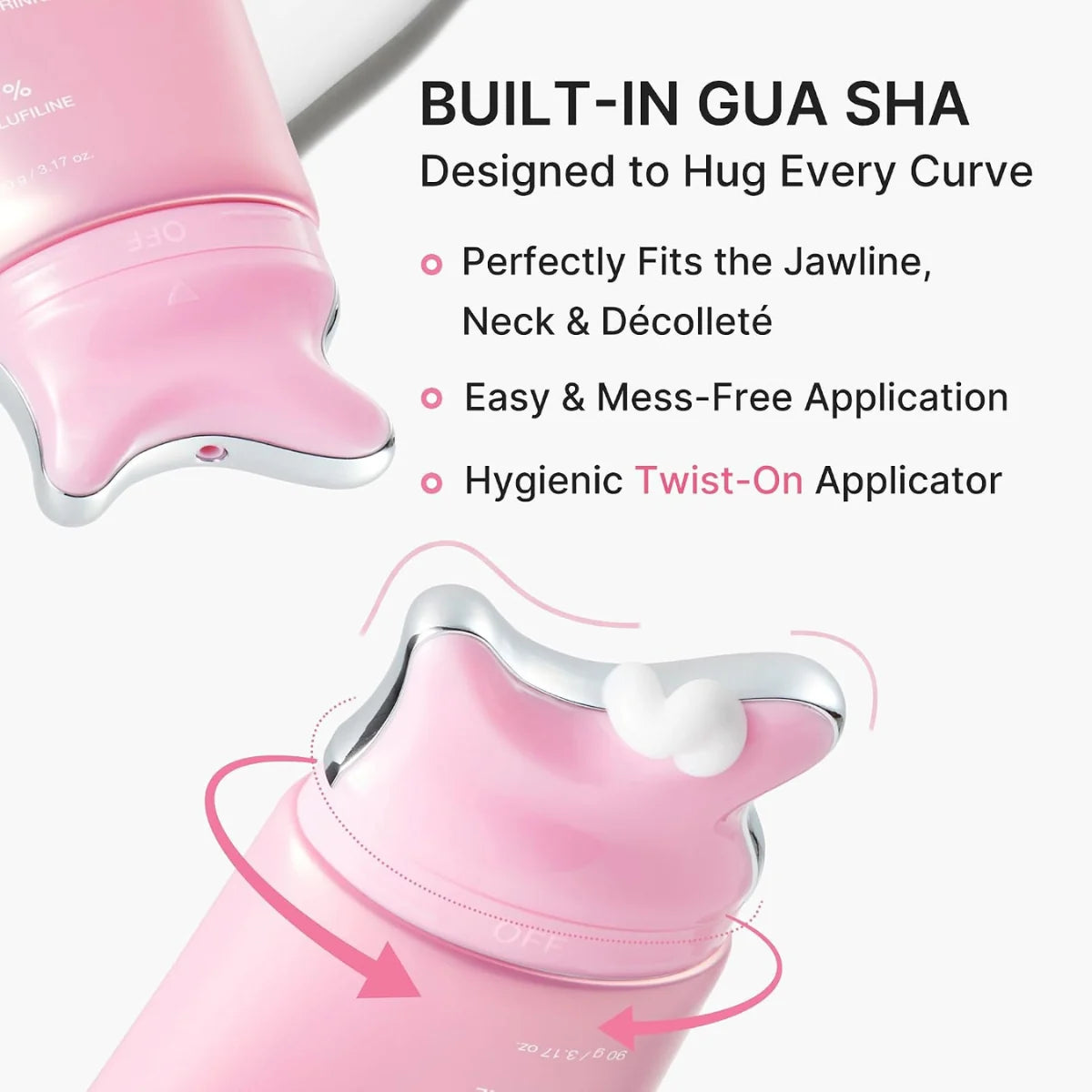 Built-in curved metal gua sha applicator hugs jawline neck and decollete perfectly