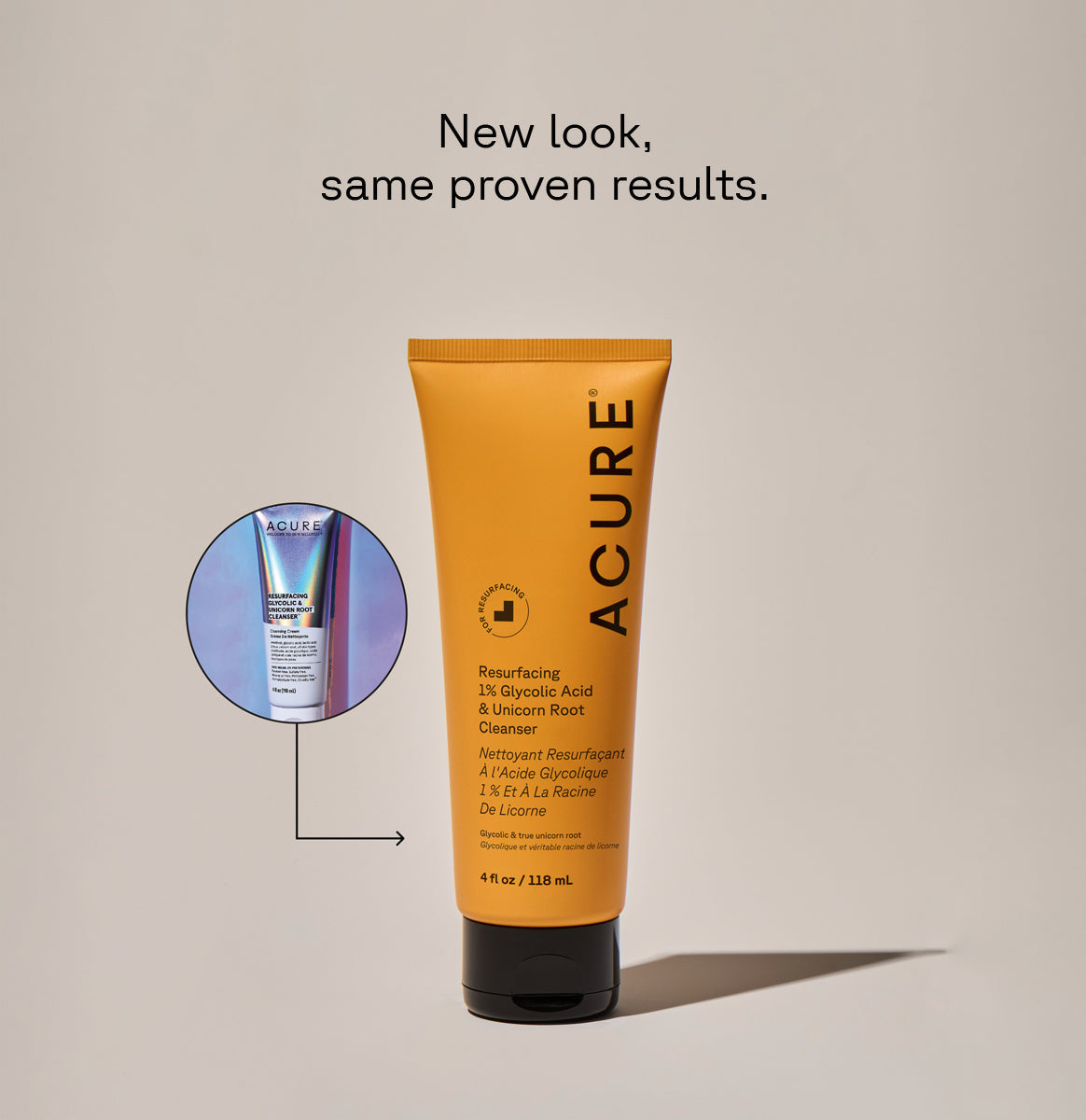 Acure Resurfacing 1% Glycolic Acid & Unicorn Root Cleanser new look, same proven formula