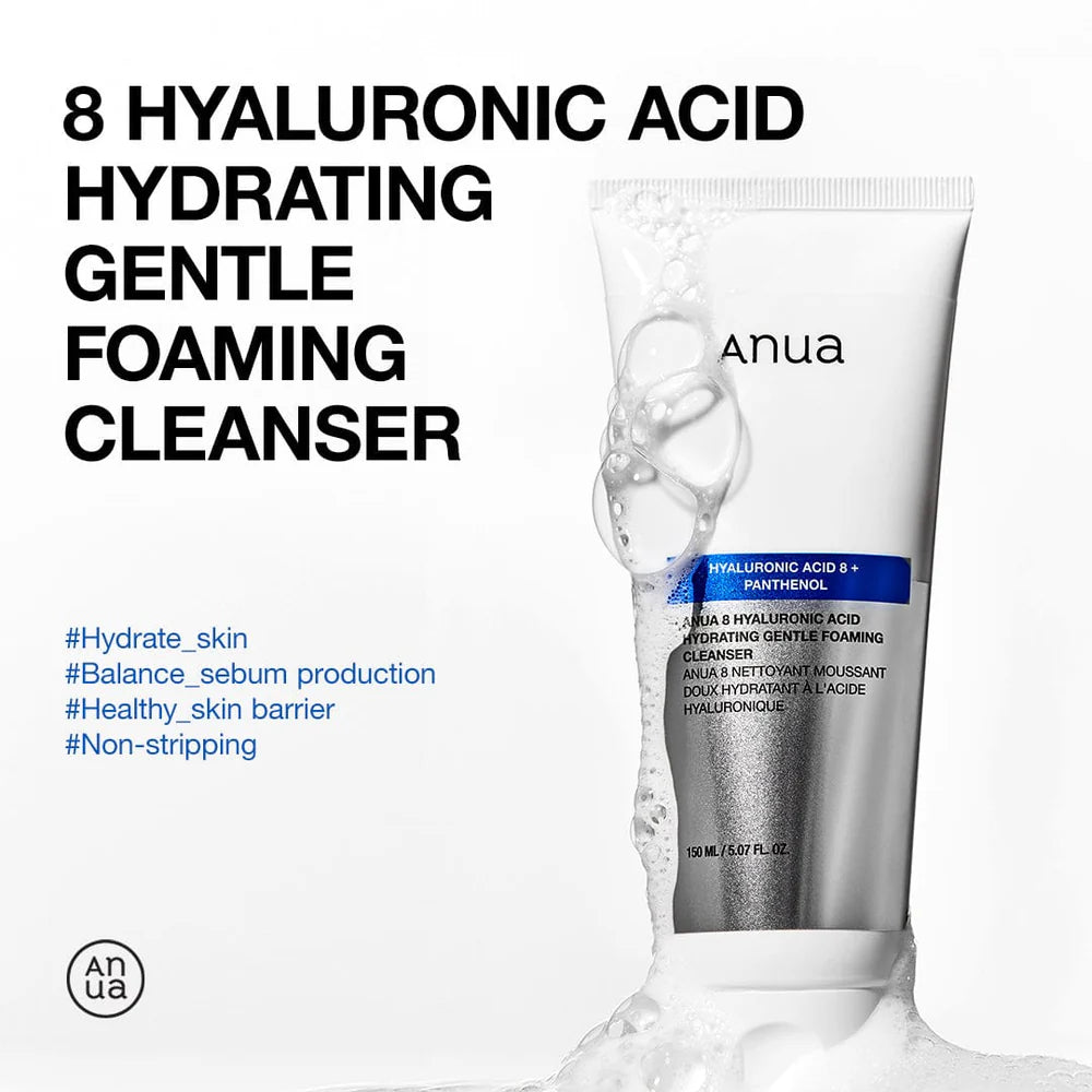 ANUA 8 Hyaluronic Acid Hydrating Gentle Foaming Cleanser — 8 types of hyaluronic acid cleanse without stripping