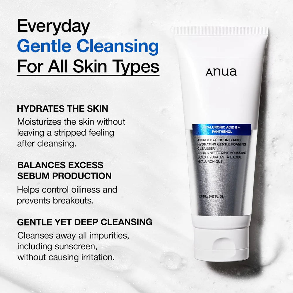 ANUA 8 Hyaluronic Acid Hydrating Gentle Foaming Cleanser — whips into a soft, dense foam for a gentle cleanse
