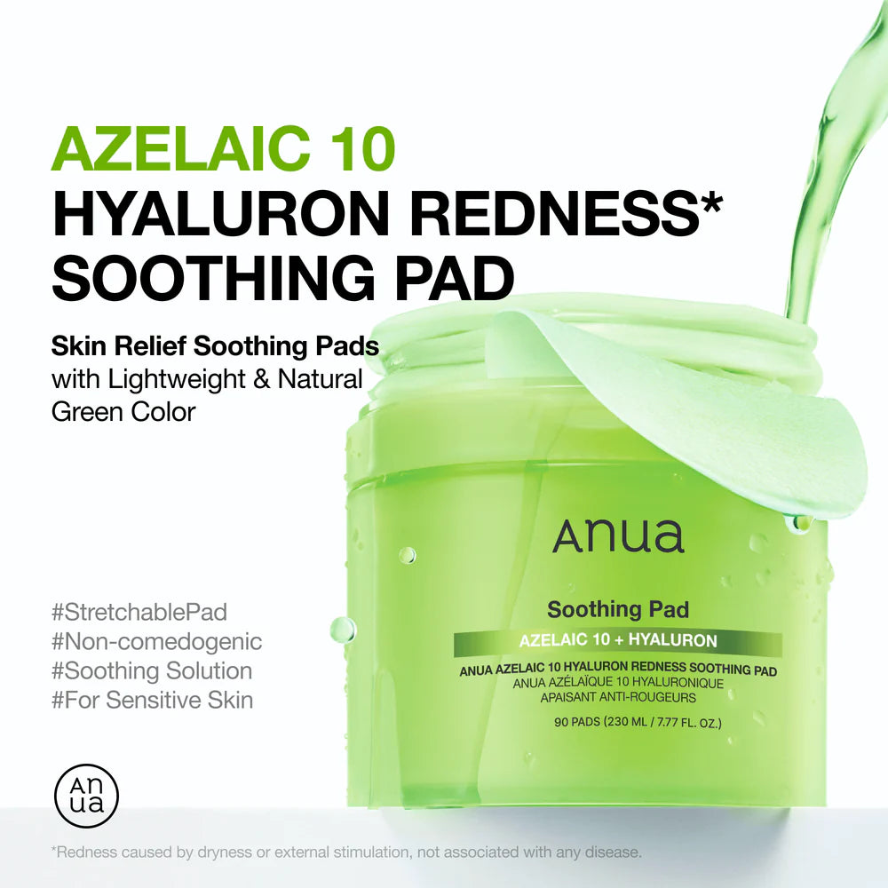 ANUA Azelaic Acid 10 Hyaluron Redness Soothing Pad — 10% azelaic acid complex calms redness and blemishes