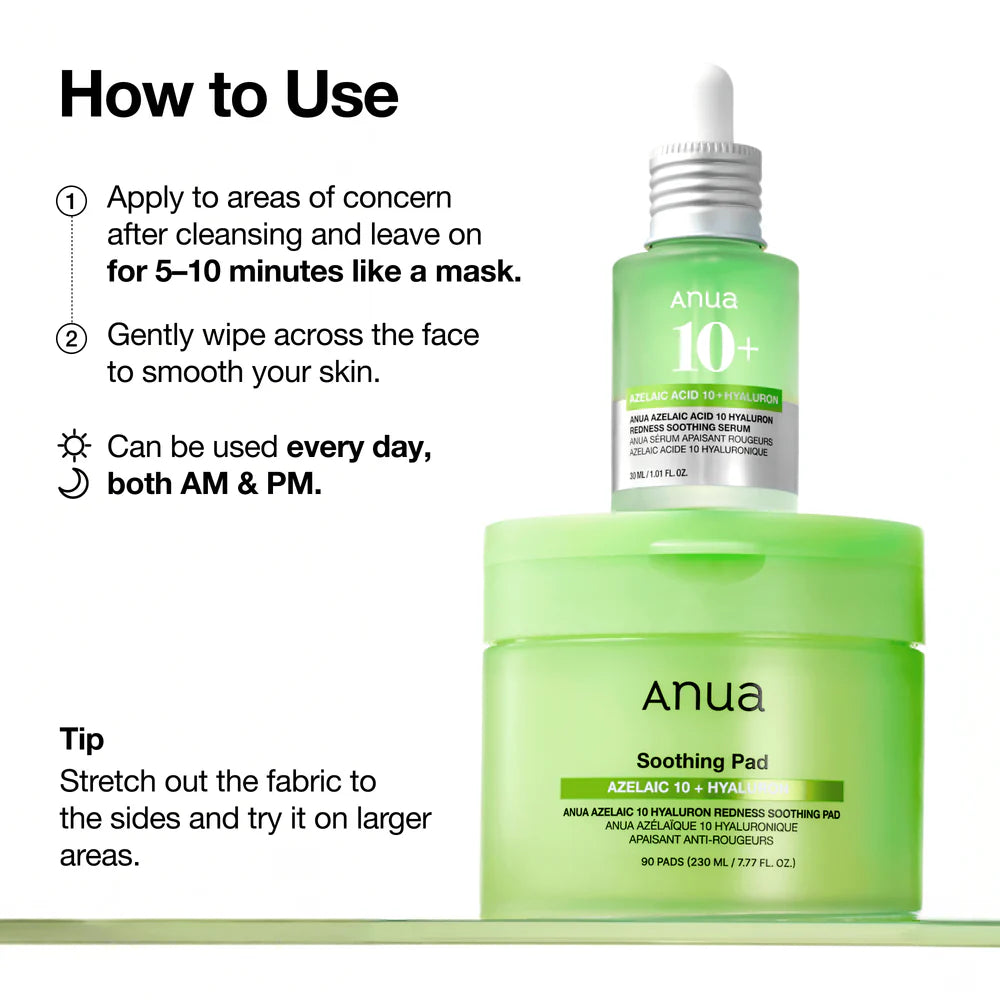ANUA Azelaic Acid 10 Hyaluron Redness Soothing Pad — gentle enough for daily morning and night care