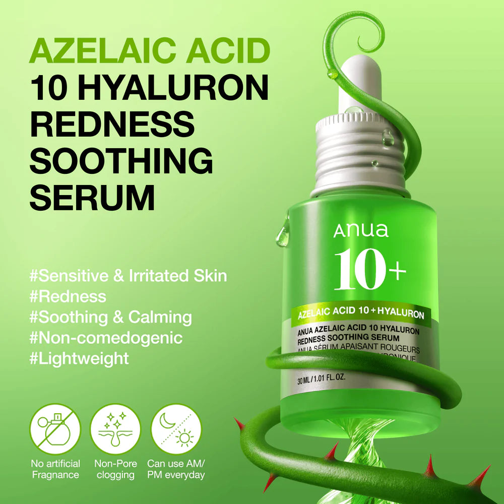 ANUA Azelaic Acid 10 Hyaluron Redness Soothing Serum — 10% azelaic acid complex targets redness and blemishes