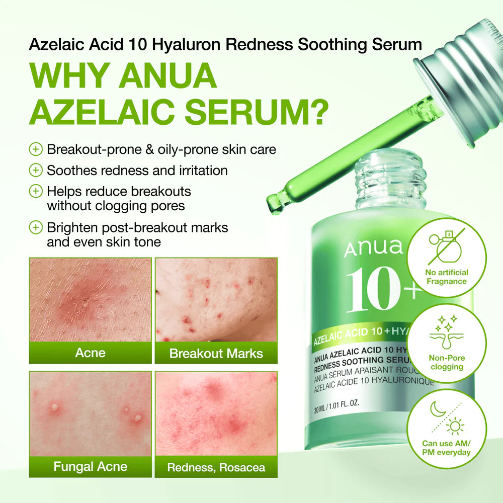 ANUA Azelaic Acid 10 Hyaluron Redness Soothing Serum — visibly soothes redness for an even-looking complexion