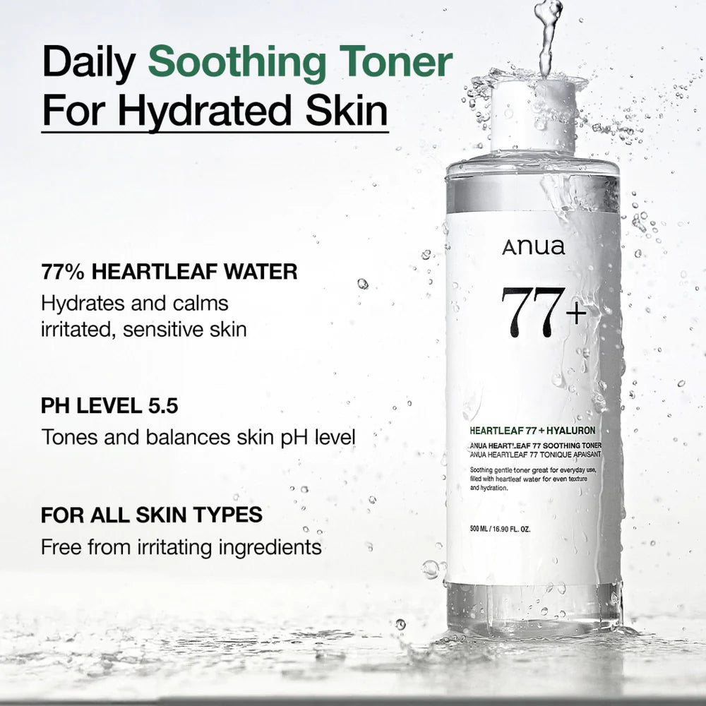 ANUA Heartleaf 77% Soothing Toner — fragrance-free, low-irritation formula for daily use