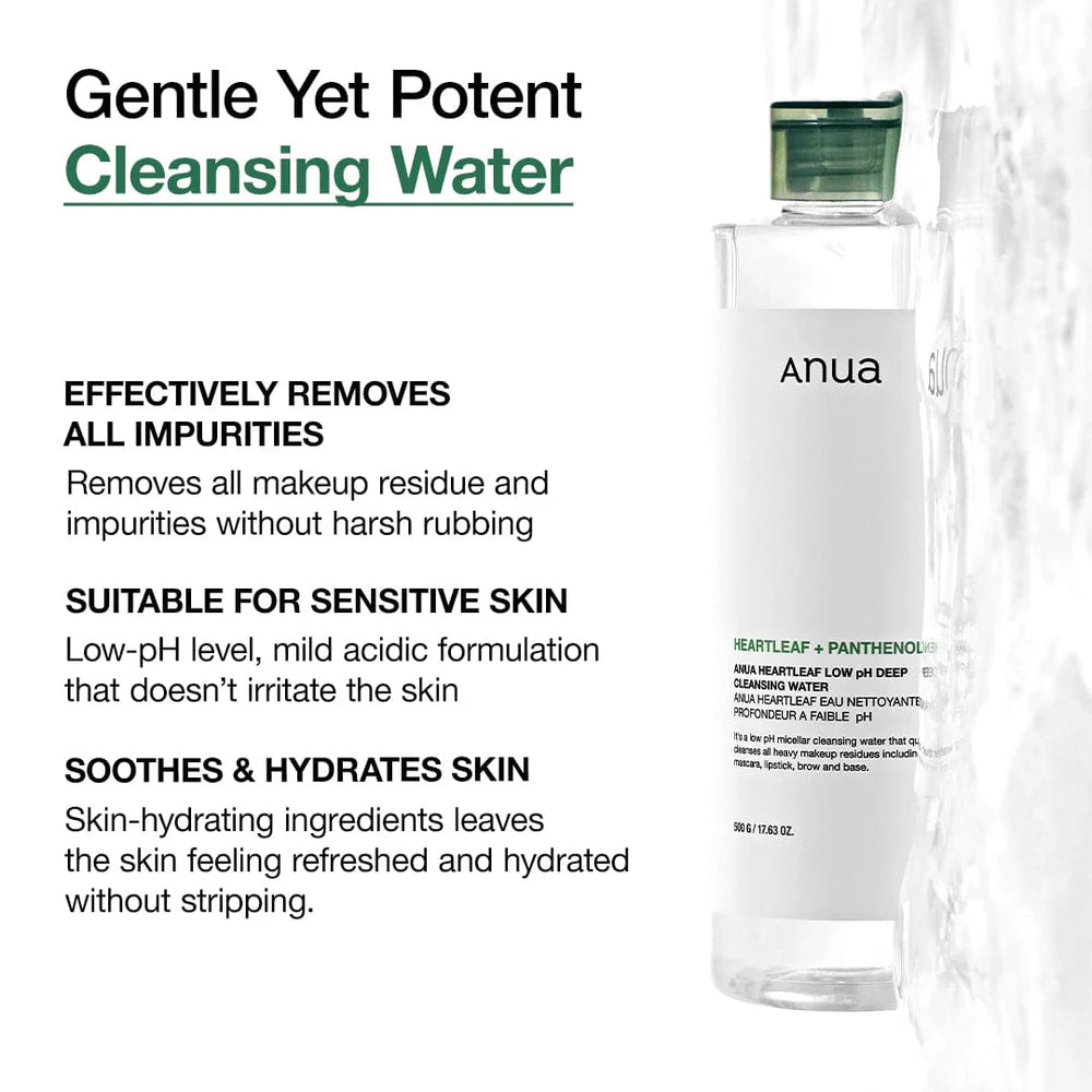 ANUA Heartleaf Low pH Deep Cleansing Water — heartleaf extract soothes and calms while cleansing