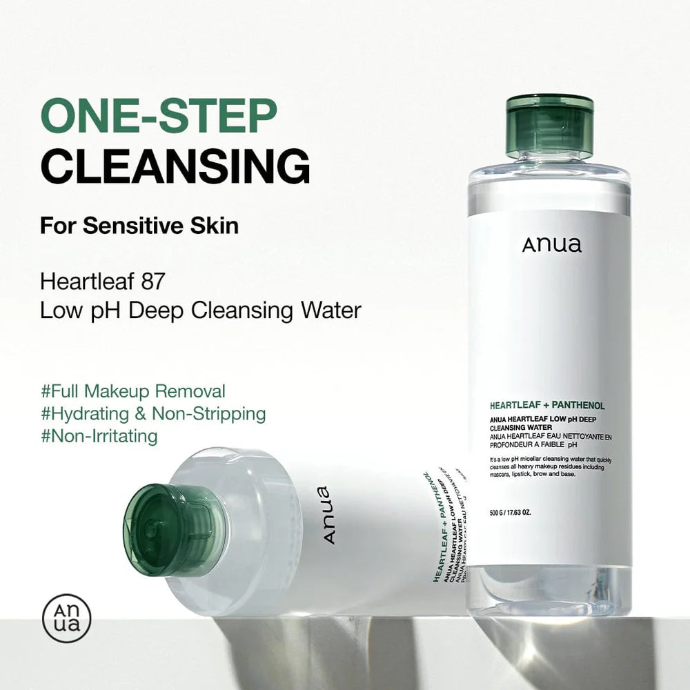 ANUA Heartleaf Low pH Deep Cleansing Water — gently dissolves makeup, sunscreen and impurities
