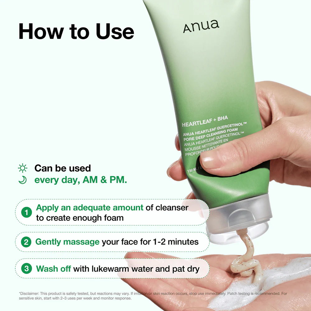 ANUA Heartleaf Quercetinol Pore Deep Cleansing Foam — gentle enough for daily morning and night cleansing