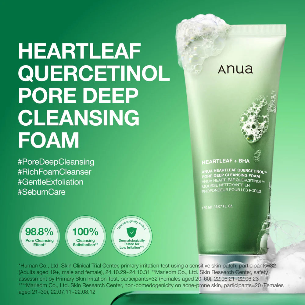 ANUA Heartleaf Quercetinol Pore Deep Cleansing Foam — whips into a rich, dense foam for a gentle cleanse