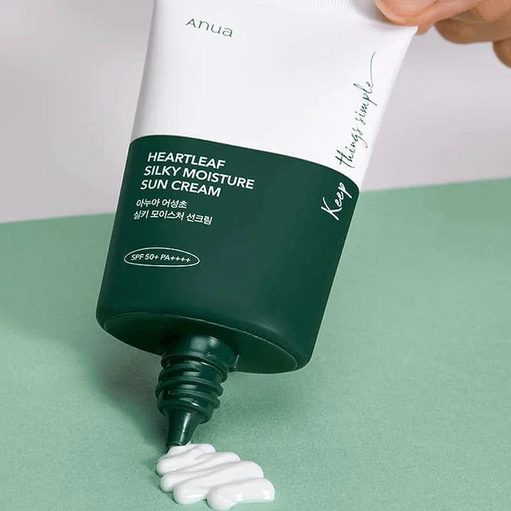 ANUA Heartleaf Silky Moisture Sun Cream — heartleaf extract soothes skin while protecting from UV