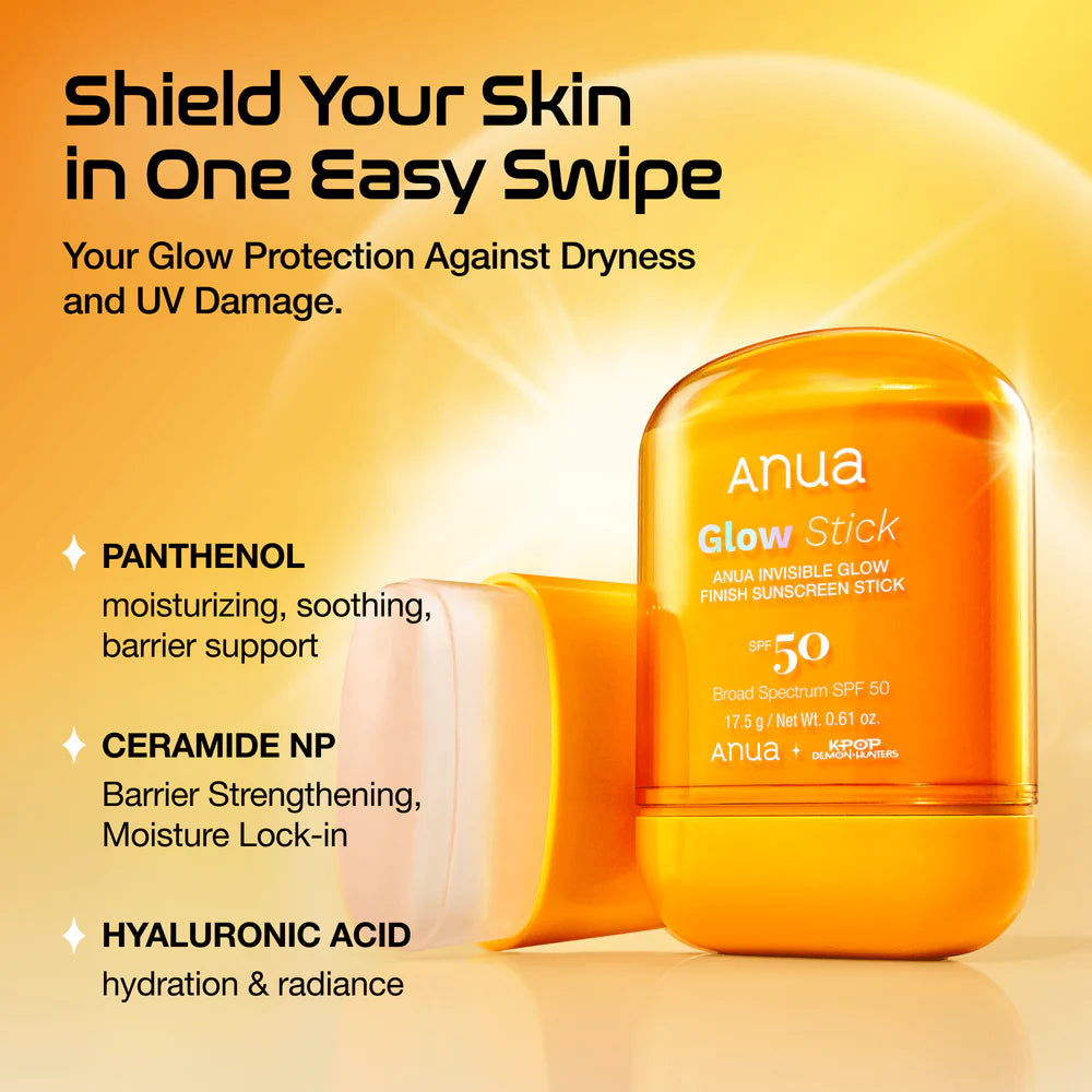 ANUA Invisible Glow Finish Sunscreen Stick SPF 50+ — leaves a luminous, dewy glow finish on the skin