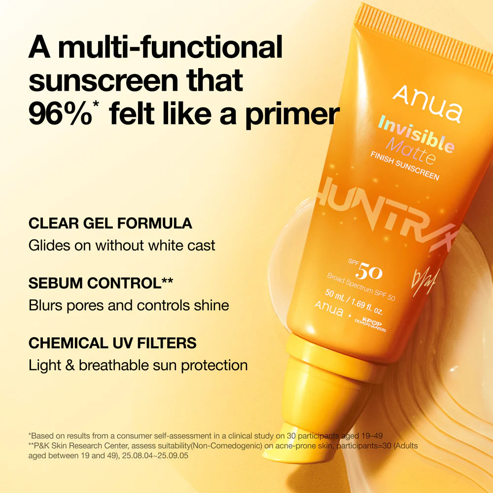 ANUA Invisible Matte Finish Sunscreen — lightweight texture absorbs quickly, never heavy