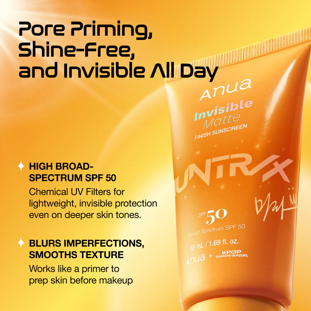ANUA Invisible Matte Finish Sunscreen — leaves a smooth, shine-free matte finish