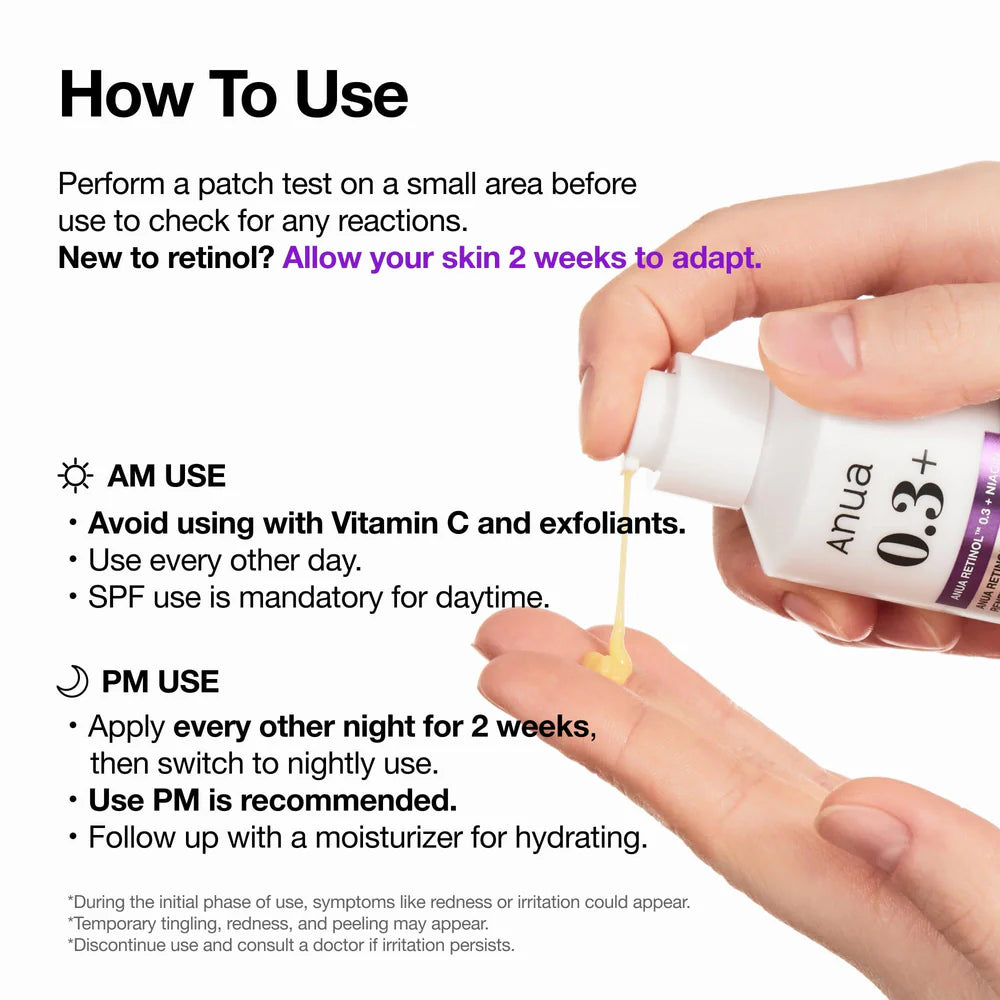 ANUA Nano Retinol 0.3% Niacin Serum — how to use: apply at night, follow with moisturizer and SPF by day