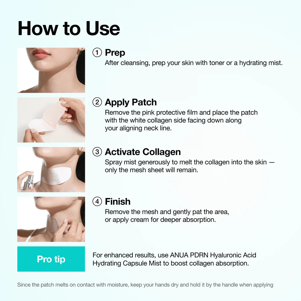 ANUA PDRN Collagen Melting Patch For Neck — how to use: apply to clean neck skin and leave on as directed