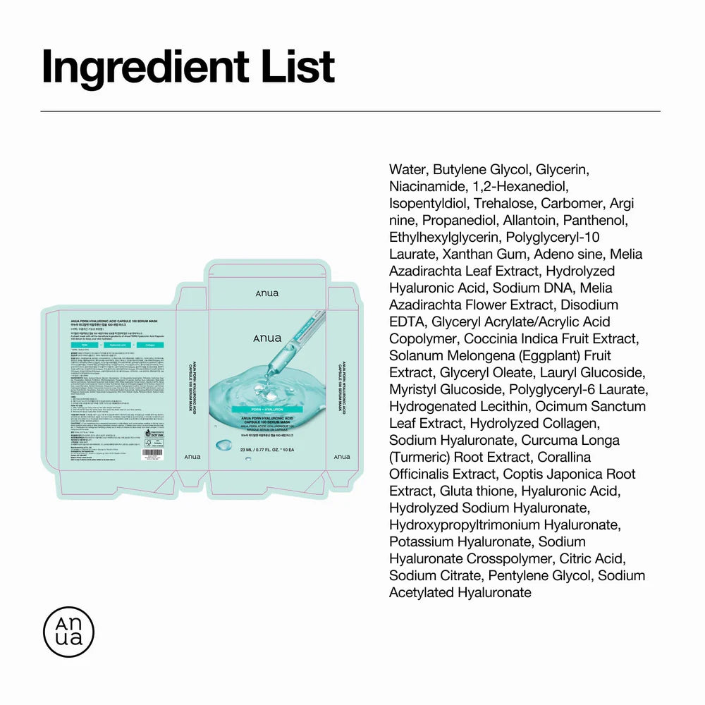 ANUA PDRN Hyaluronic Acid Capsule 100 Serum Mask — how to use: apply to clean skin for 10–20 minutes