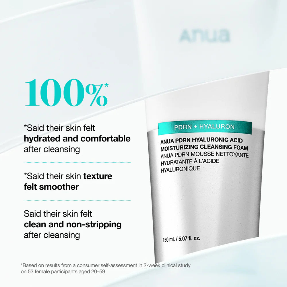 ANUA PDRN Hyaluronic Acid Moisturizing Cleansing Foam — cleanses without stripping, leaving skin soft and hydrated