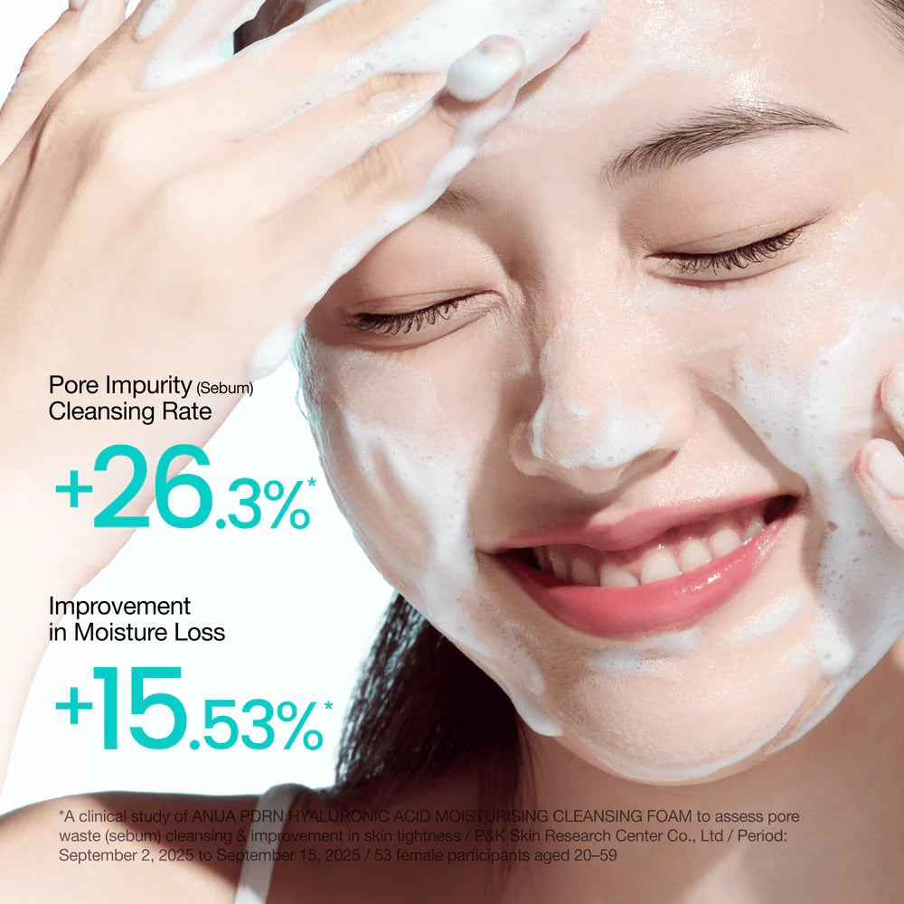 ANUA PDRN Hyaluronic Acid Moisturizing Cleansing Foam — whips into a rich, creamy foam for a gentle cleanse
