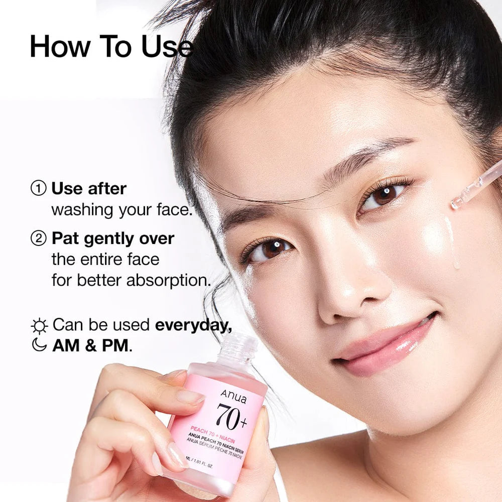ANUA Peach 70 Niacinamide Serum — boosts radiance for plump, glass-like skin