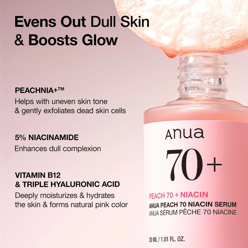 ANUA Peach 70 Niacinamide Serum — 70% peach extract nourishes skin for a healthy glow