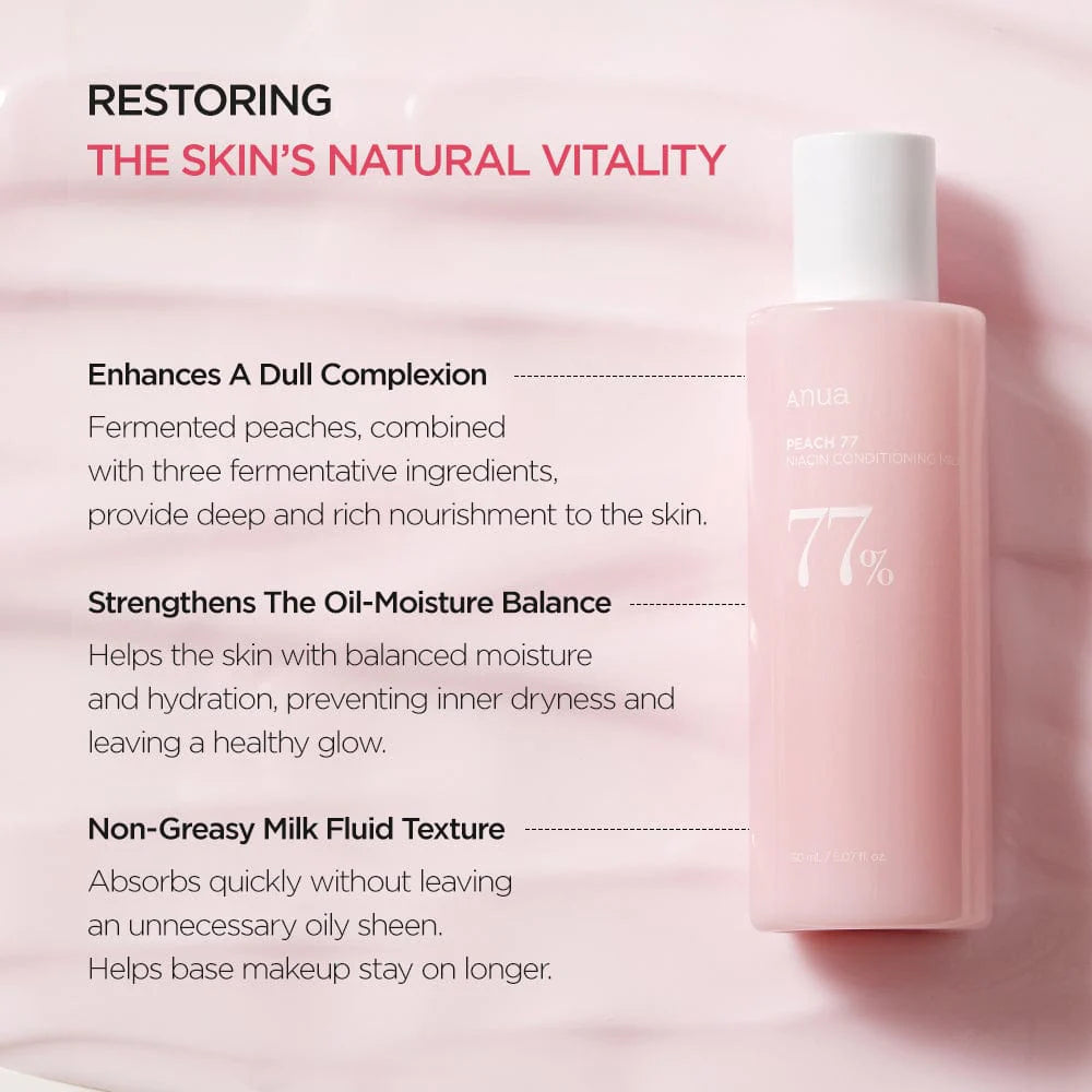 ANUA Peach 77 Niacin Conditioning Milk — silky milk texture absorbs fast for soft, glowing skin