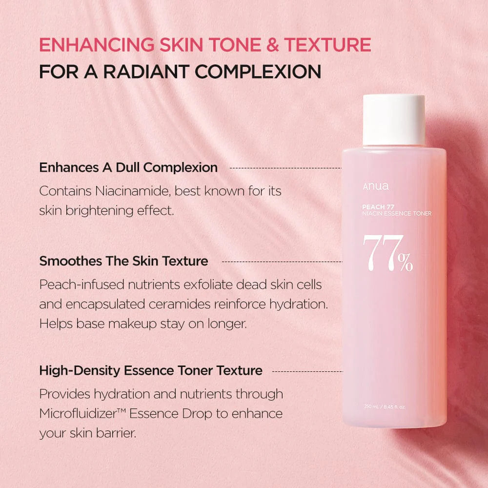 ANUA Peach 77 Niacin Essence Toner — preps skin to glow and absorb the next steps