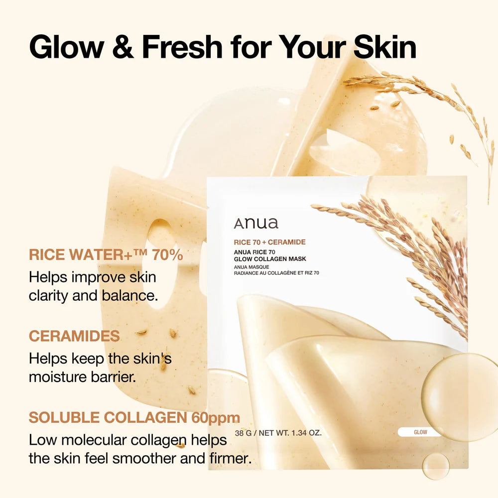 ANUA Rice 70 Glow Collagen Mask — collagen helps plump and firm the skin