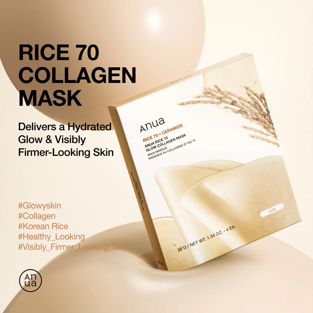 ANUA Rice 70 Glow Collagen Mask — 70% rice extract brightens for a radiant, glassy glow