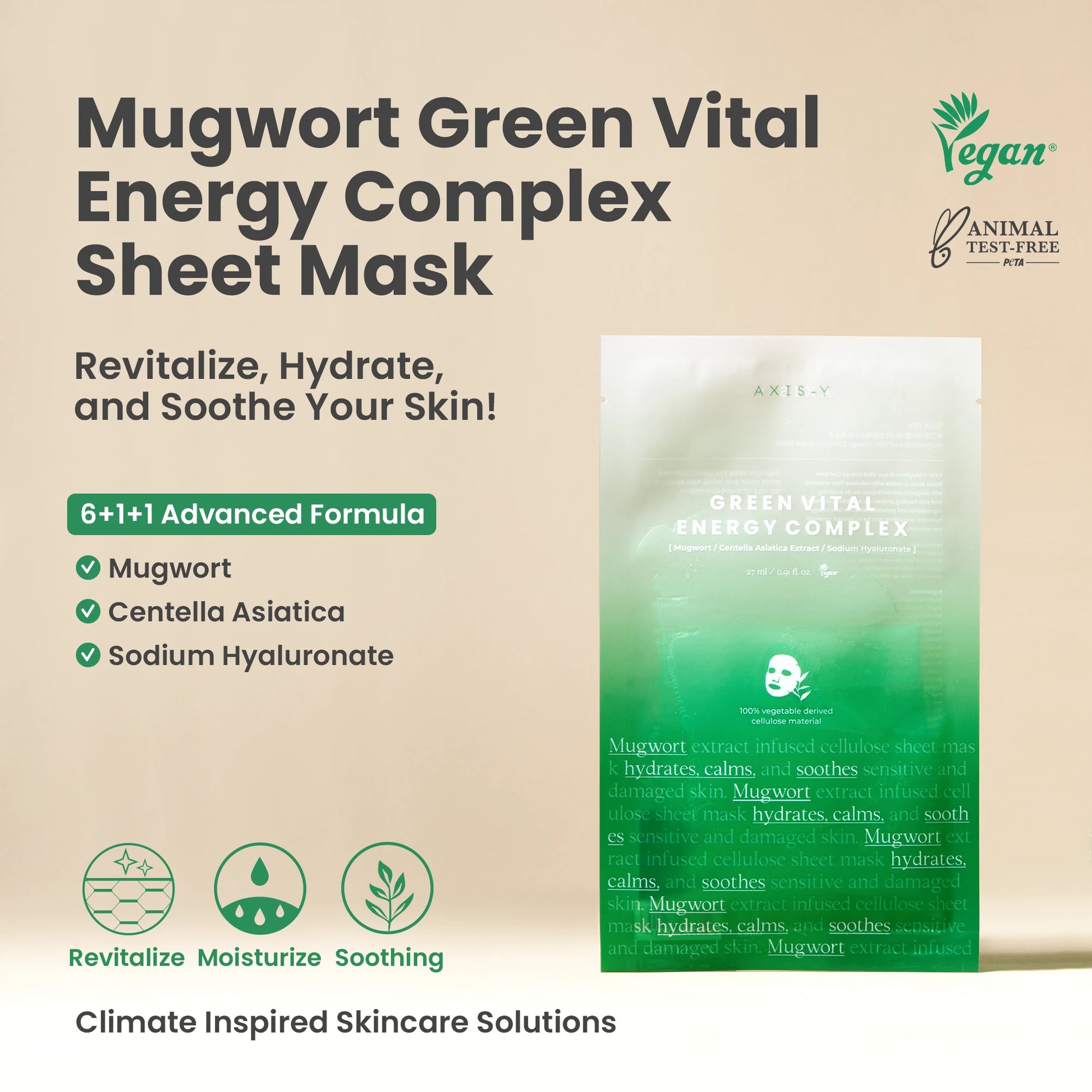 AXIS-Y Green Vital Energy Complex Mask — how to use: apply the sheet mask for 15-20 minutes