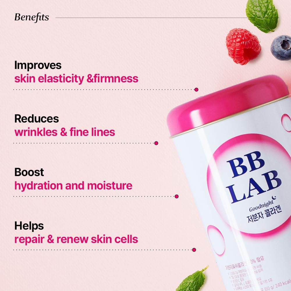 Low-molecular fish collagen, hyaluronic acid, elastin and vitamin C in BB LAB Good Night Collagen