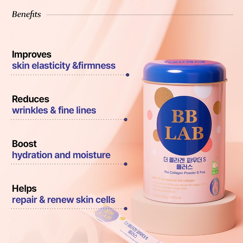 Low-molecular fish collagen, vitamin C, hyaluronic acid, elastin and biotin in BB LAB Collagen Powder S Plus