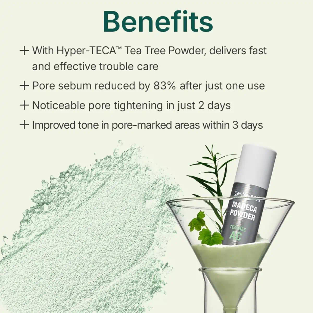 Key ingredients in Centellian 24 Madeca Powder Teatree AC: tea tree and Centella for acne-prone skin