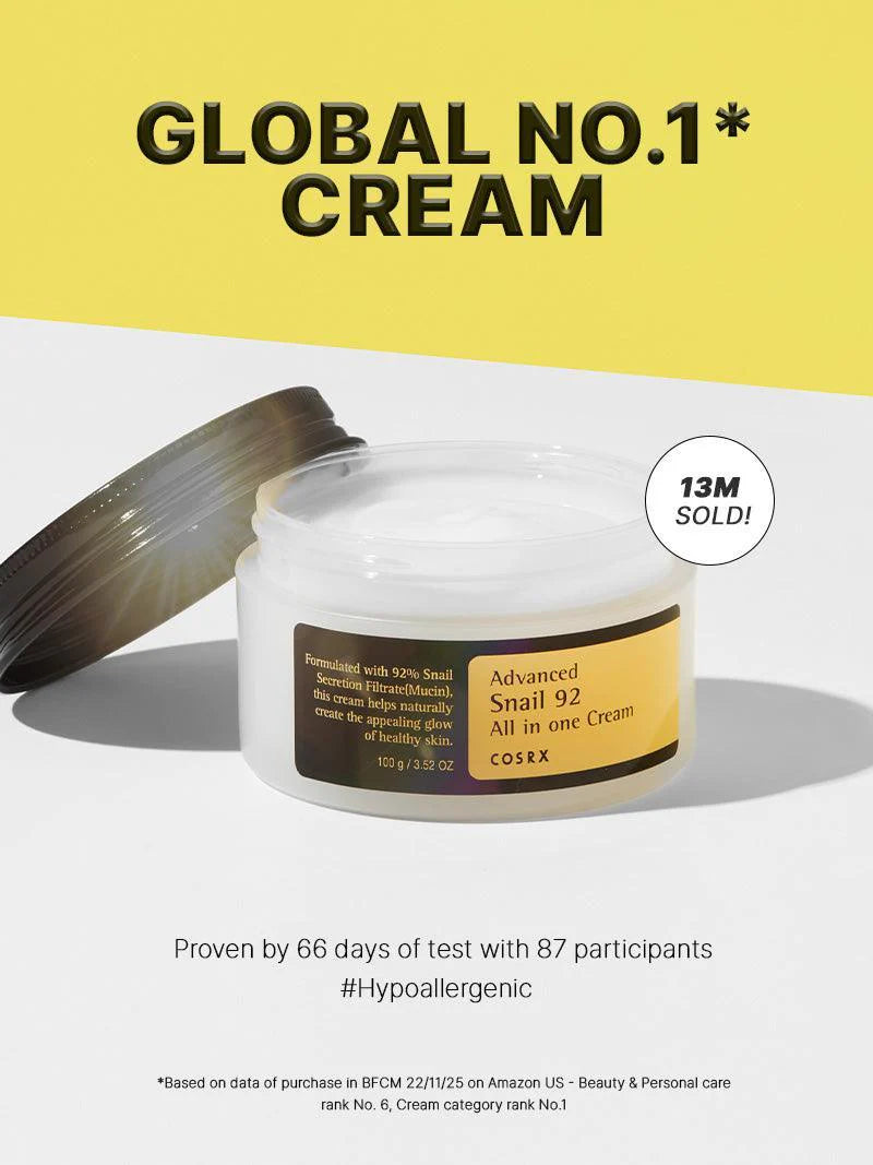 COSRX Advanced Snail 92 All in One Cream — 92% snail mucin repairs and revitalizes skin