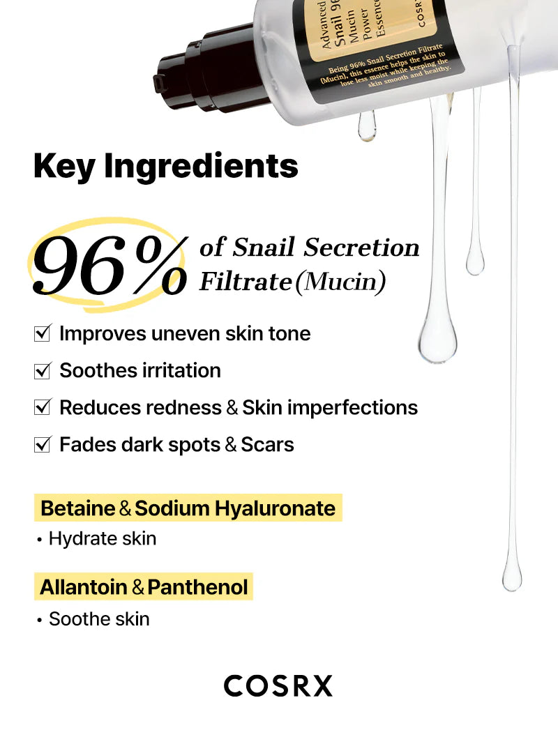 COSRX Advanced Snail 96 Mucin Power Essence — drenches skin in deep, lasting moisture