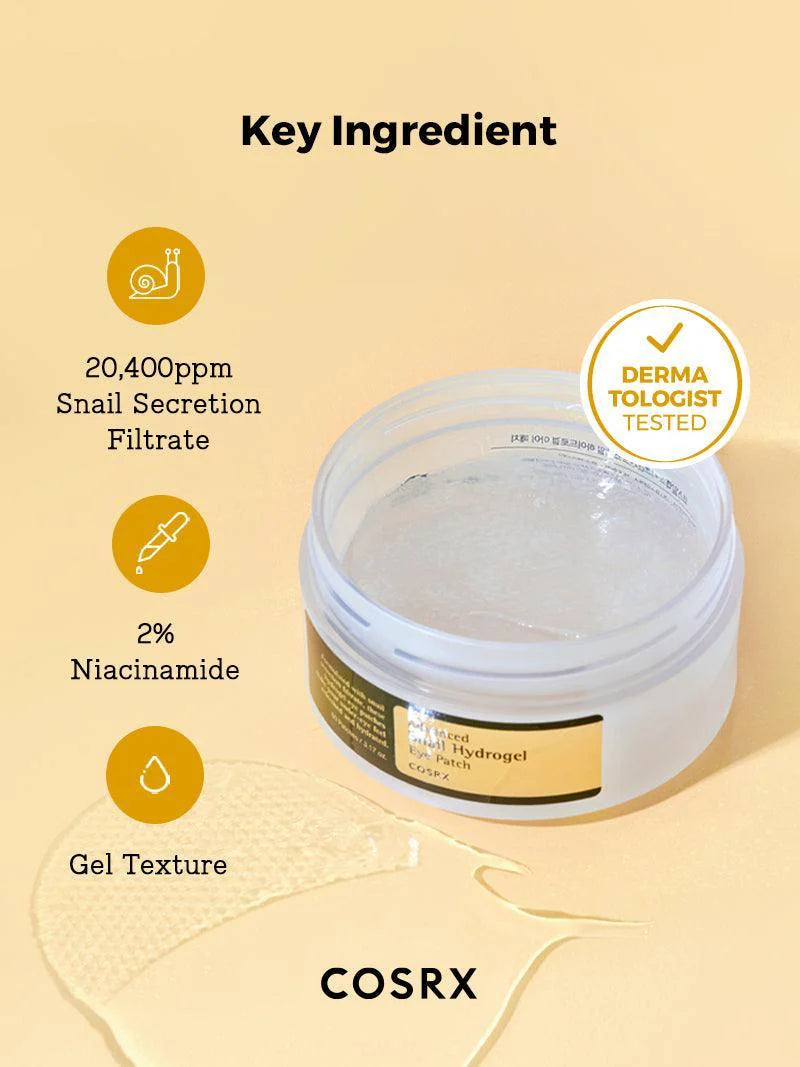 COSRX Advanced Snail Hydrogel Eye Patch — snail mucin firms and revitalizes the eye area