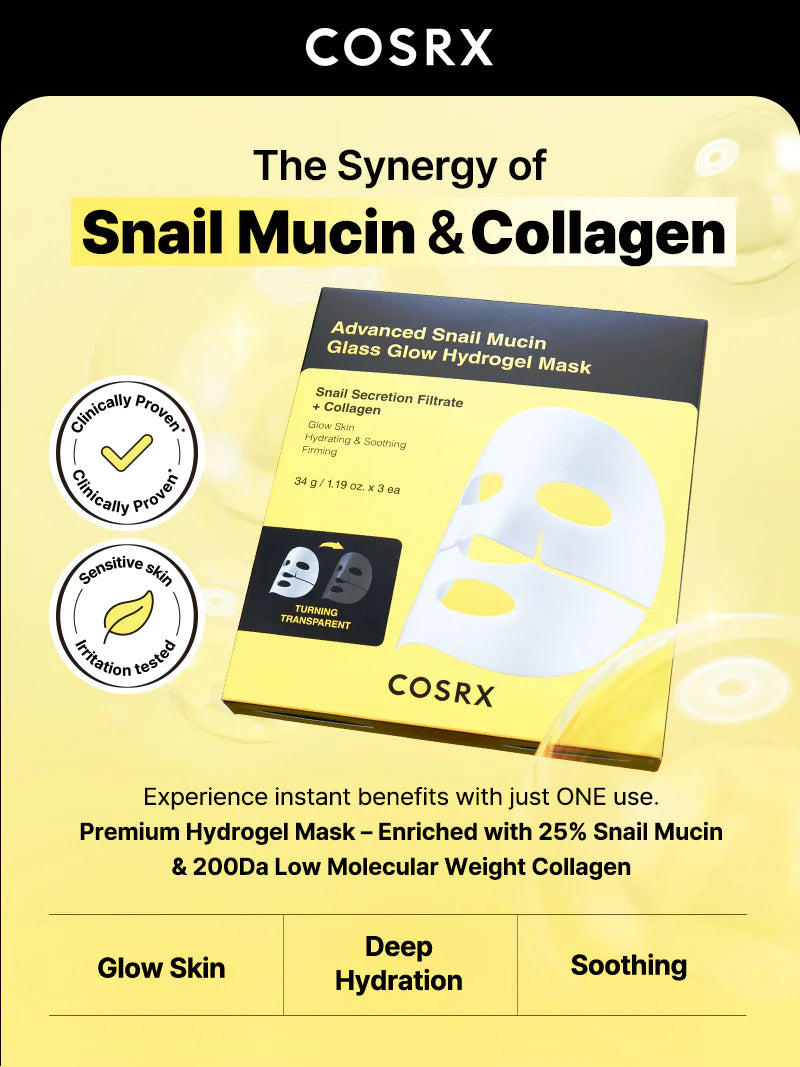 COSRX Advanced Snail Mucin Glass Glow Hydrogel Mask — boosts a dewy, glass-skin glow