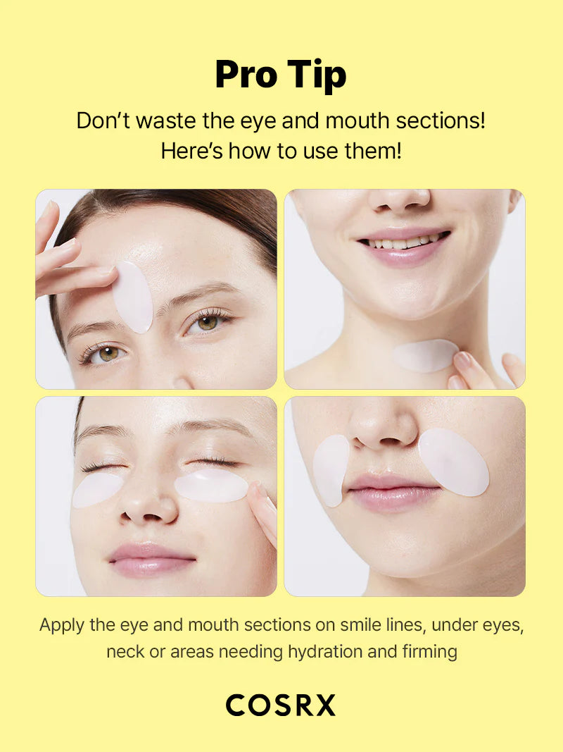 COSRX Advanced Snail Mucin Glass Glow Hydrogel Mask — how to use: apply to clean skin for 20–30 minutes, then pat in