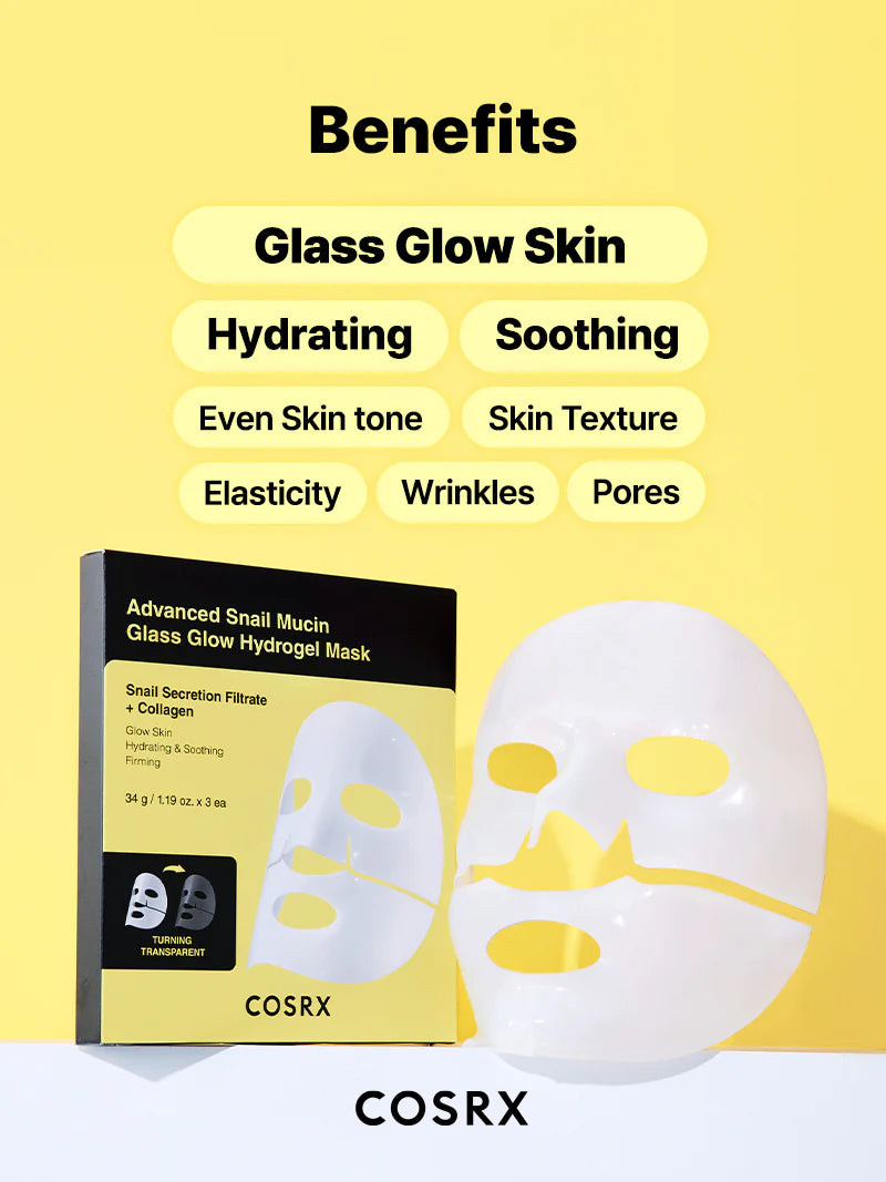 COSRX Advanced Snail Mucin Glass Glow Hydrogel Mask — drenches skin in concentrated moisture