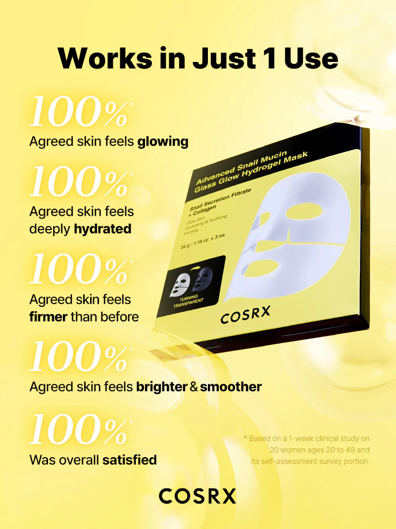 COSRX Advanced Snail Mucin Glass Glow Hydrogel Mask — plumps skin for a smooth, bouncy finish